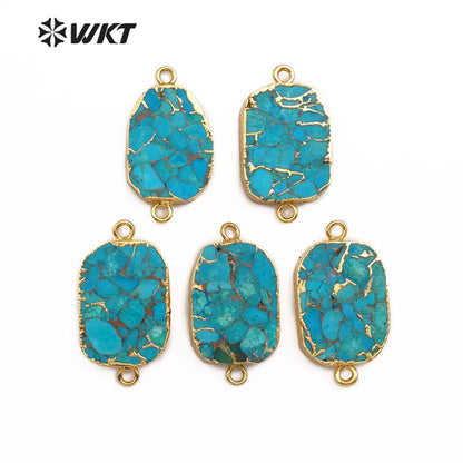 WT-C282 Natural Blue Vein Turquoises Pendant Double Hoops Turquoises Stone Connector Gold Pendant for Women Jewelry Making