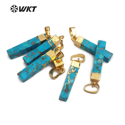 WT-P1453 Natural Blue Vein Turquoises Pendant Rectangle Shape Stones Gold Capped Pendant Women Necklace Ornaments Jewelry