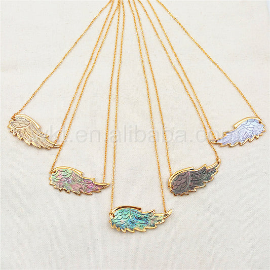 WT-N785 New Wholesale Genuine Shell Carved Feather Necklace, Fashion Gold Plated Double Loops Shell Feather Necklace