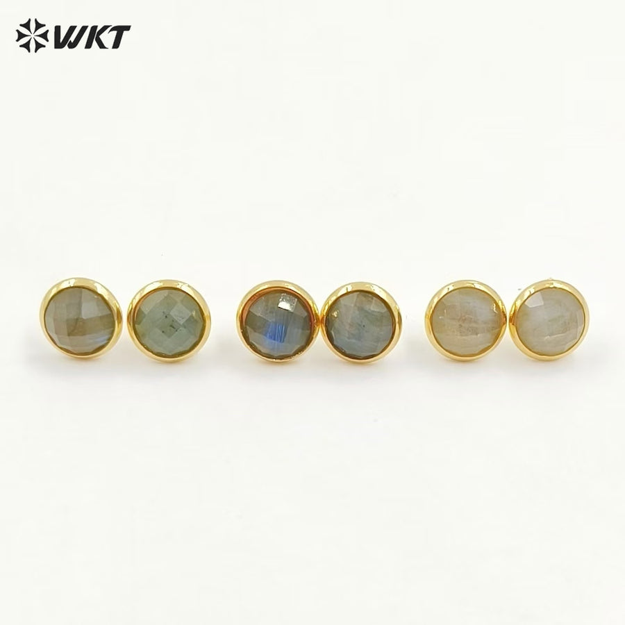 WT-E188 Wholesale Natural Round Labradorite Studs, Fashion 18k Gold Plated Bezel Stone Labradorite Studs Earrings for Women