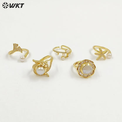WT-MPR156 Top Fashion Multi Designs 18K Gold Electroplated Adjustable Size Pearl Rings For Women Daily Decorative Jewelry
