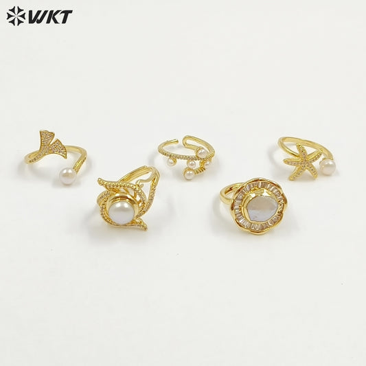 WT-MPR156 Top Fashion Multi Designs 18K Gold Electroplated Adjustable Size Pearl Rings For Women Daily Decorative Jewelry