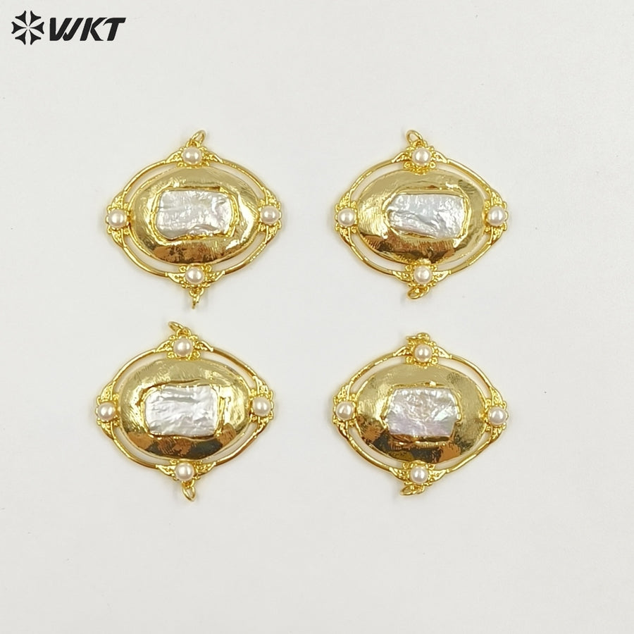 WT-PC017 Wholesale 18K Gold Plated Double Hoops Natural Freshwater Pearl Connectors For Ladies Necklace Bracelet Making