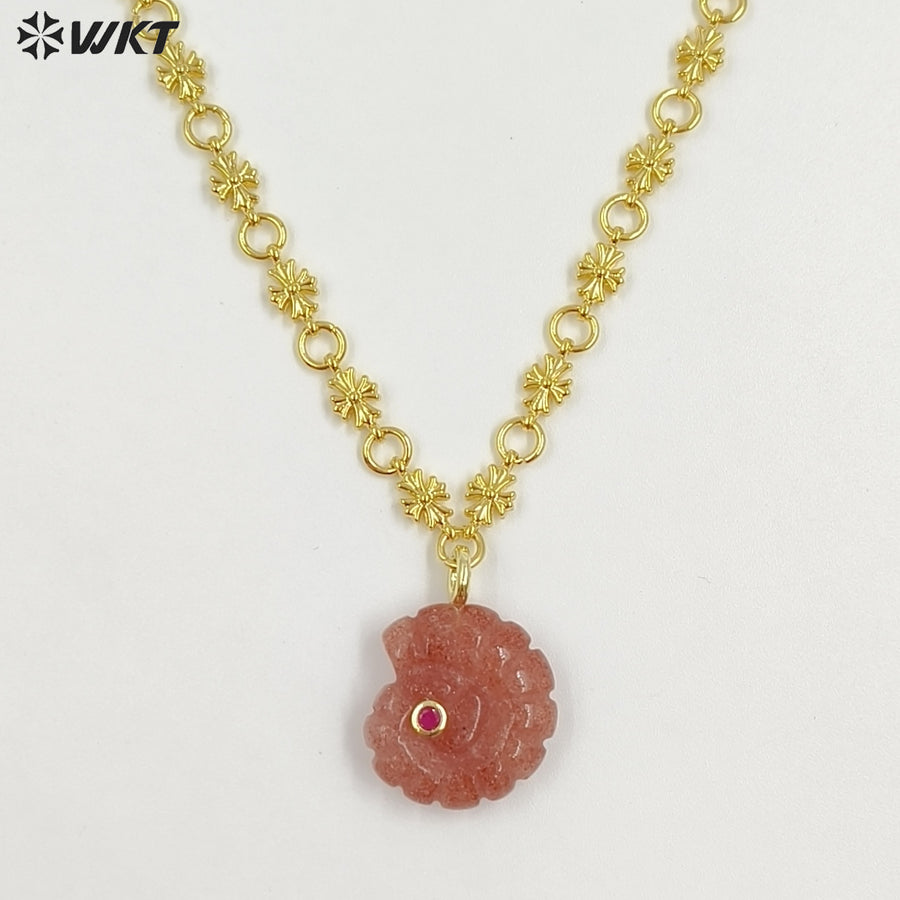 WT-N1507 Fashion Lovely Gold Plated Zircon And Natural Gemstones Carved Trumpet Pendant Necklaces As Women Birthday Gift Jewelry