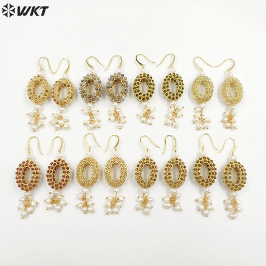 WT-MPE108 Latest Style Regular Natural Pearl and Stone 18k Gold Plated Oval Shaped 81*20mm Romantic Pendant Earrings