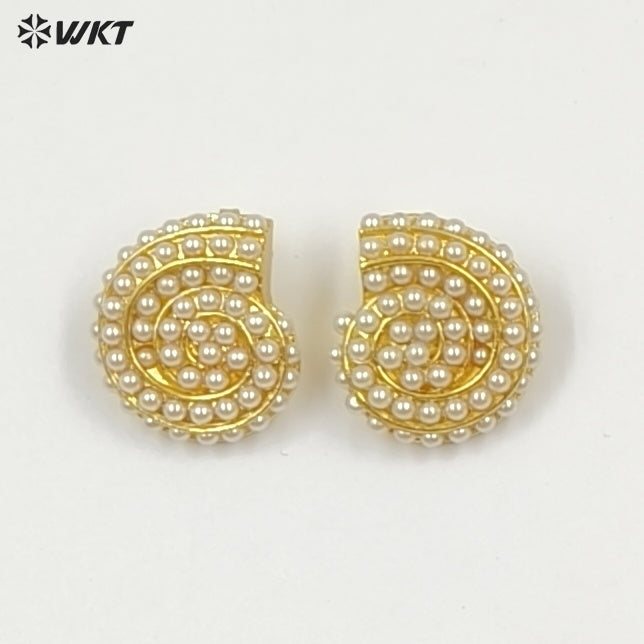 WT-ME125 Newest Design Jewelry Brass Gold And Silver Plated With Artificial Pearl Conch Shape Earrings For Girl Daily Wearing