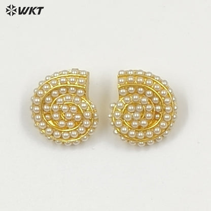 WT-ME125 Newest Design Jewelry Brass Gold And Silver Plated With Artificial Pearl Conch Shape Earrings For Girl Daily Wearing