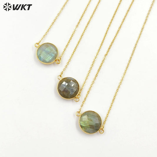 WT-N754 Sparkly Natural Faceted Labradorite Connectors Necklace,Bezel Round Shape 15mm Raw Double Bails Labradorite Necklace