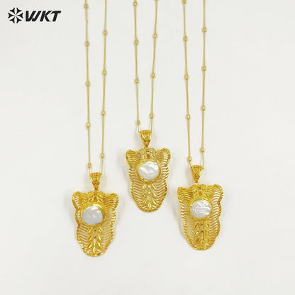 WT-JN329 New Sales Exquisite Gold Electroplated Leaves Shape With Round Natural Freshwater Pearl Pendant Necklace Women Jewelry