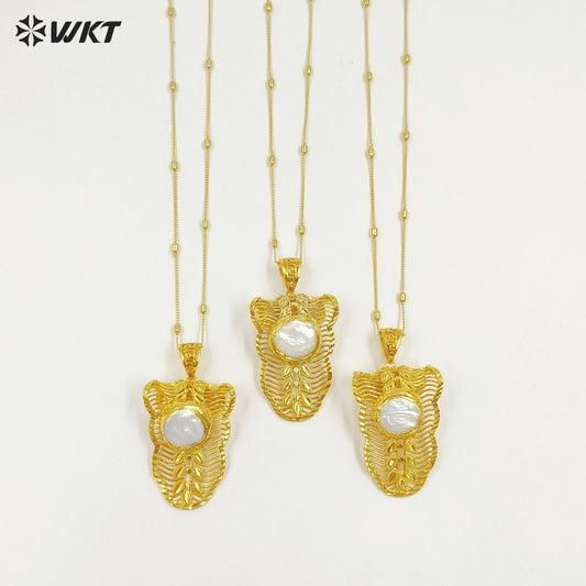 WT-JN329 New Sales Exquisite Gold Electroplated Leaves Shape With Round Natural Freshwater Pearl Pendant Necklace Women Jewelry