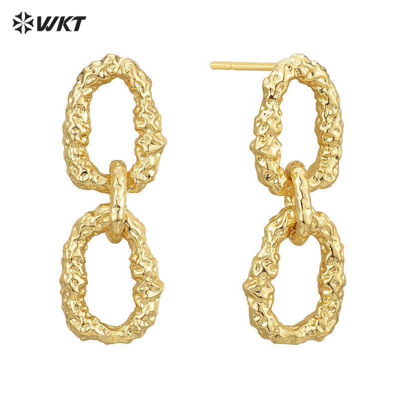 WT-E743 Wholesale Fashion France Hot Sale Chain Connect Metal Irregular lava Veins Earring With18k Real Gold Plated