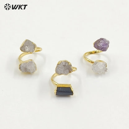WT-R495 Amazing WKT New Design Natural Double Stone Druzy Crystal Quart and Black Tourmaline Stone Ring in Adjustable Size