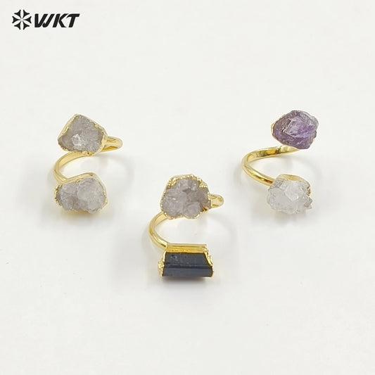 WT-R495 Amazing WKT New Design Natural Double Stone Druzy Crystal Quart and Black Tourmaline Stone Ring in Adjustable Size