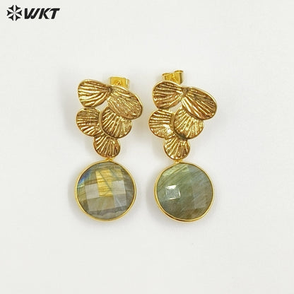 WT-E791 Graceful Cute Gold Electroplated Natural Labradorite And Shell Pendant Grape Shape Earrings For Ladies Engagement Gift