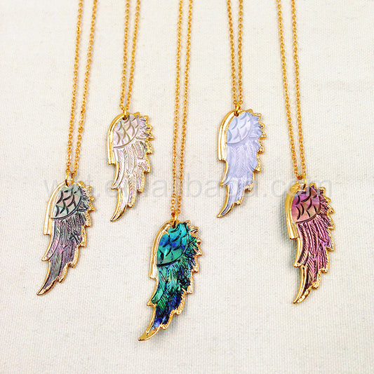 WT-N748 Exclusive Natural Abalone Feather Necklace, Fashion Handmade Carved Shell Feather Necklace