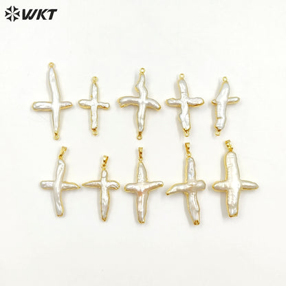 WT-P346 Amazing Fashion Gold Plated Freshwater Pearl Cross Pendant High Flash Baroque Women Real Pearl Cross Pendant for Women