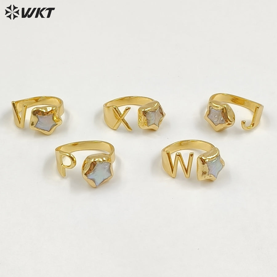 WT-MPR158 Newest Unique Design Gold Electroplated Natural Freshwater Pearl Letter And Star Shape Rings For Women Daily Matching
