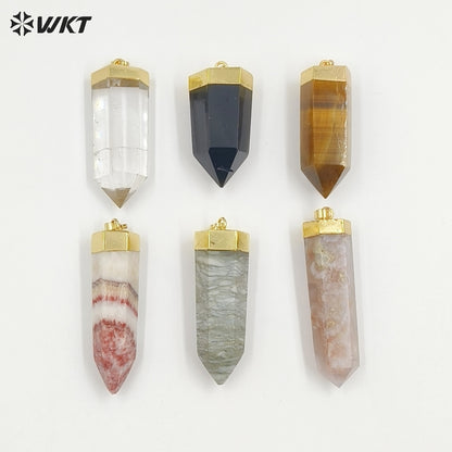 WT-P2007 Natural Precious Hexagon Gemstone Quartz Point Bullet Pendant with Gold Plated on Top Energy Jewelry Pendants
