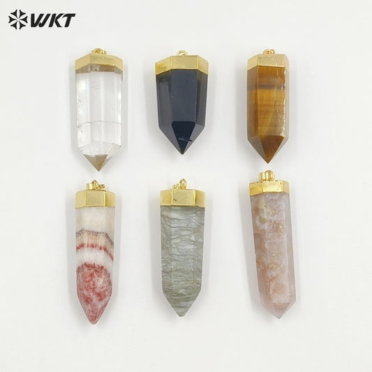WT-P2007 Natural Precious Hexagon Gemstone Quartz Point Bullet Pendant with Gold Plated on Top Energy Jewelry Pendants