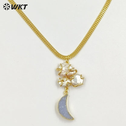WT-JN399 Unique Design Gold Plated Natural Pearl Connect Moon Shape Stone Pendant Necklaces For Female Daily Decorative Jewelry