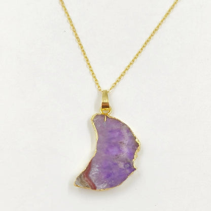 WT-N1300 Amazing Celestial Natural Slice Amethyst Moon Necklace Lady Gold Trim Half Moon Druzy Crescent Amethyst Necklace