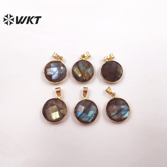 WT-P1827 WKT Newest Fashion Gold Bezel Round Natural Double Faceted Labradorite Pendant Simple 16mm Round Stone Pendant for Necklace