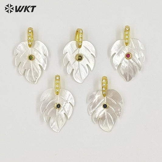 WT-JP487 Factory Wholesale Colorful Zircon And Shell Leave Shape Women Gold Pendants For Simple Style Necklace Decoration