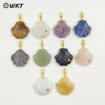 WT-P2097 Lovely Design Natural Gemstones And Colorful Zircon Hand Carved Shell Shape Little Pendants For Female Jewelry DIY