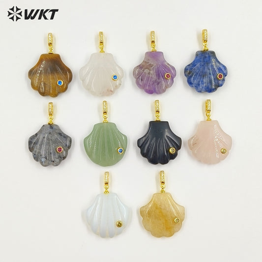 WT-P2097 Lovely Design Natural Gemstones And Colorful Zircon Hand Carved Shell Shape Little Pendants For Female Jewelry DIY