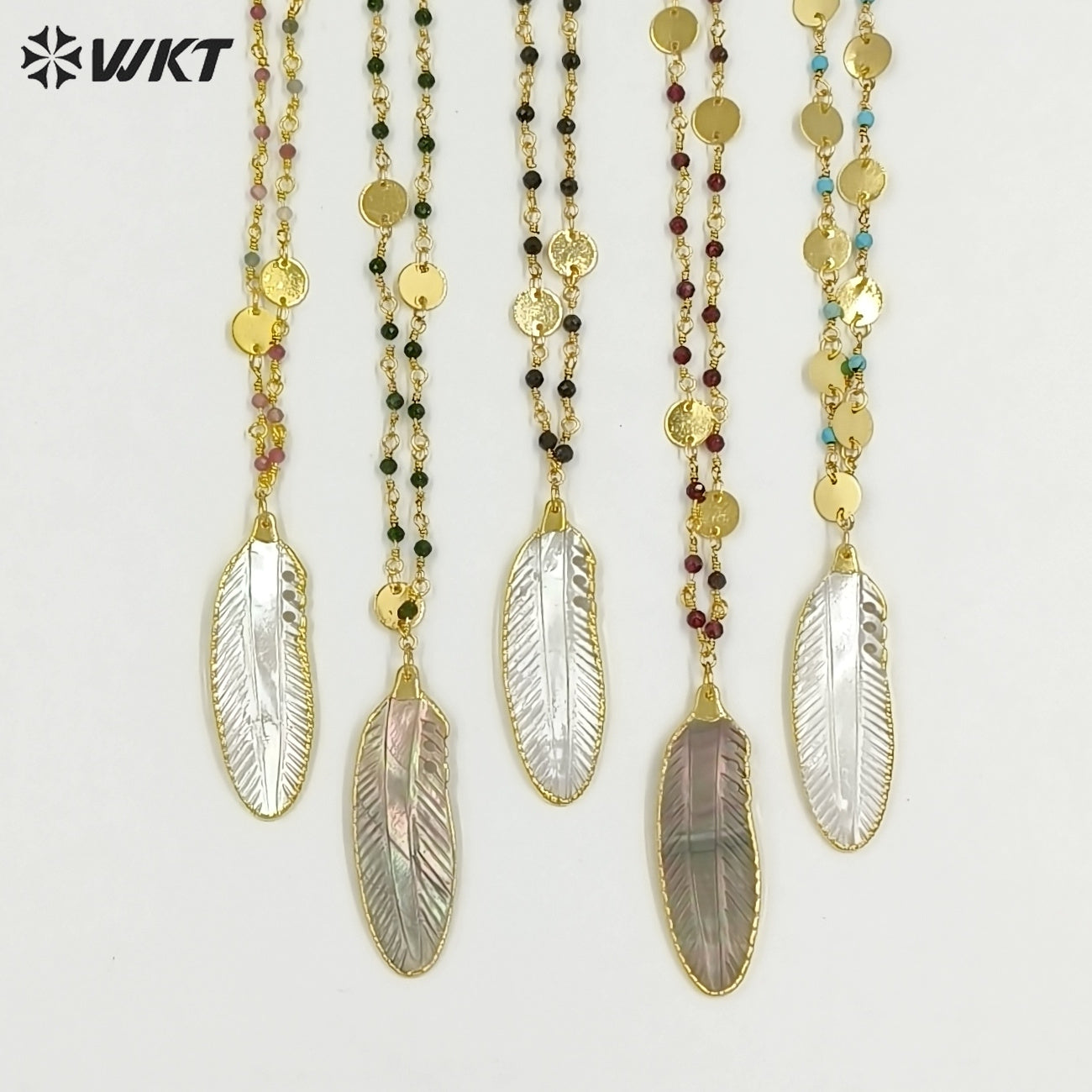 WT-JN400 Fashion Elegant Style Gold Plated Little Stone Chain With Natural Shell Feather Pendant Necklace For Lady Matching