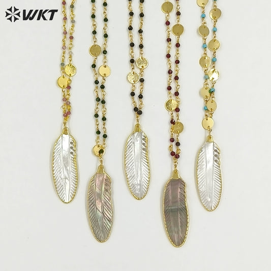 WT-JN400 Fashion Elegant Style Gold Plated Little Stone Chain With Natural Shell Feather Pendant Necklace For Lady Matching