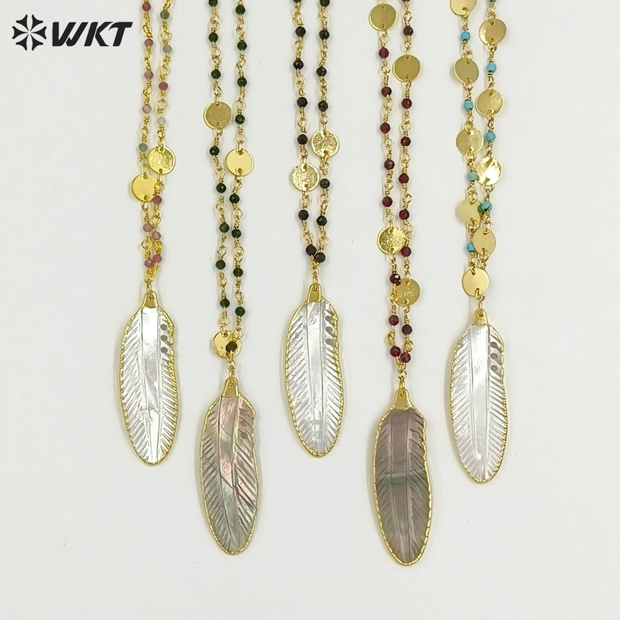 WT-JN400 Fashion Elegant Style Gold Plated Little Stone Chain With Natural Shell Feather Pendant Necklace For Lady Matching