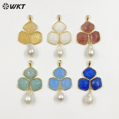 WT-JP506 Newest Wonderful 18K Gold Plated Three Natural Gemstones And Pearl Pendant For Female Earrings Jewelry Making