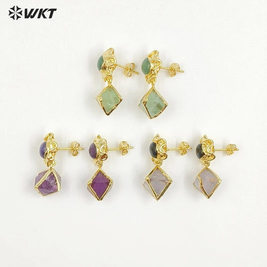 WT-E793 Exquisite Unique 18K Gold Electroplated Natural Gemstones Rhombus Little Earrings As Women Party Birthday Present
