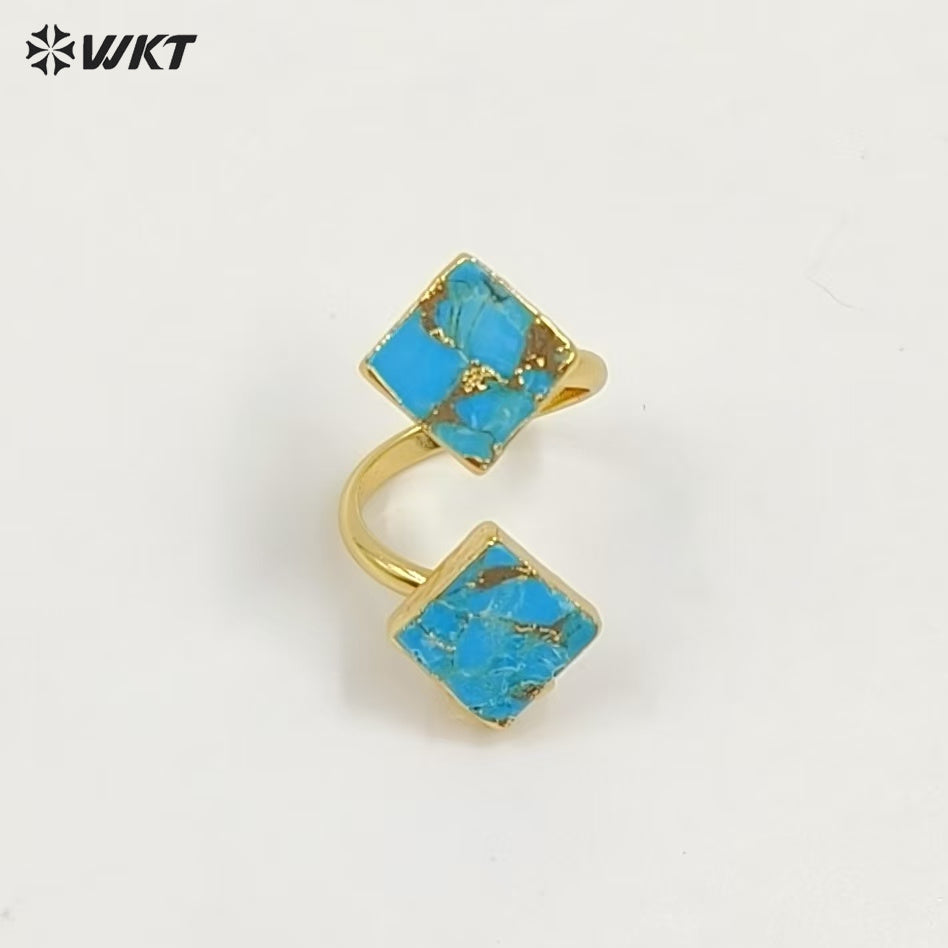 WT-R394 WKT 2022 Luxury Women's Jewelry 18k Real Gold Plated Copper Turquoise Stone for Lady Ring Gems Double Stone Ring