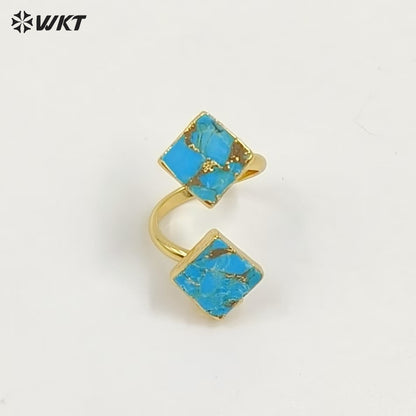 WT-R394 WKT 2022 Luxury Women's Jewelry 18k Real Gold Plated Copper Turquoise Stone for Lady Ring Gems Double Stone Ring