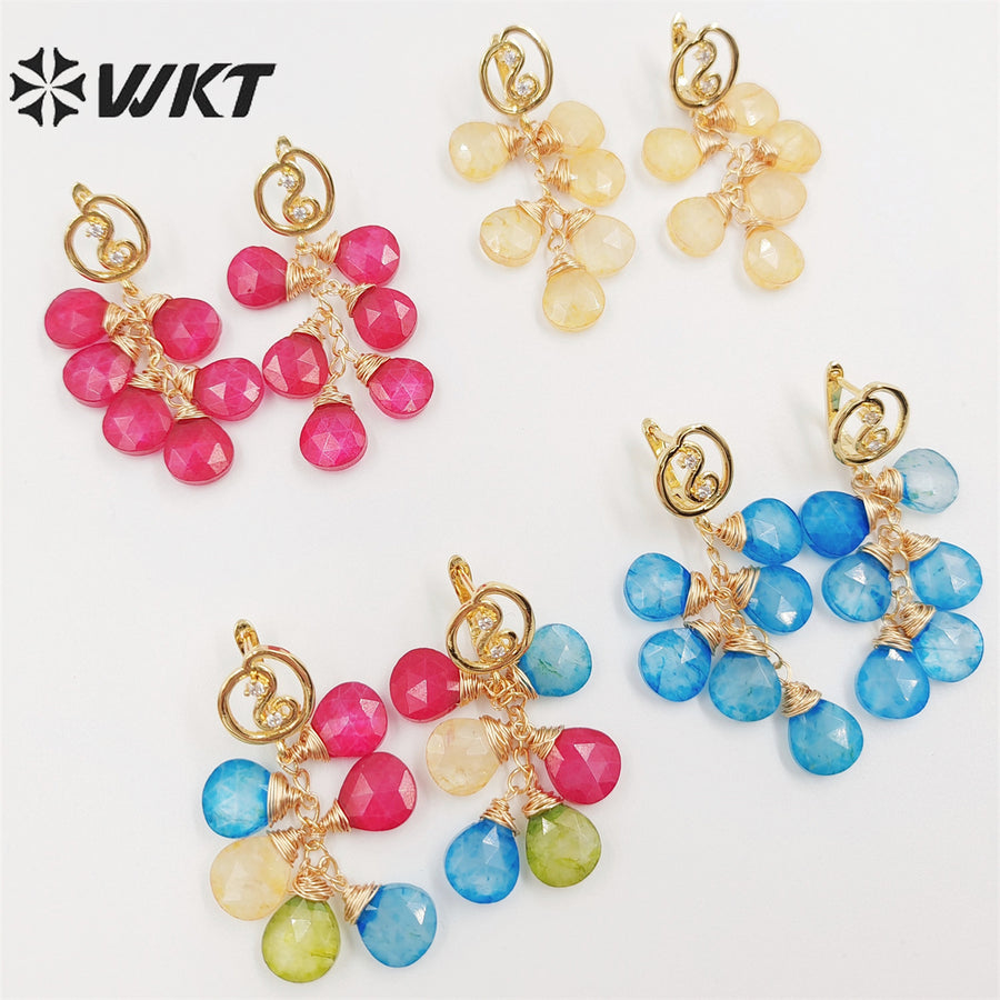 WKT-E672 Amazing Handmade Fashion Wire Wrapped Water Drop Natural Chalcedony Stone Dangle Earrings Charming Women Jade Earrings