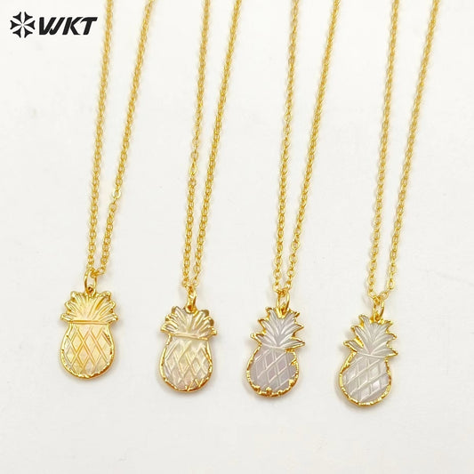 WT-N1082 WKT Wholesale Hot Natural White Yellow Shell Charm Carved 24k Real Gold Plated Tiny Shell Pineapple Necklace