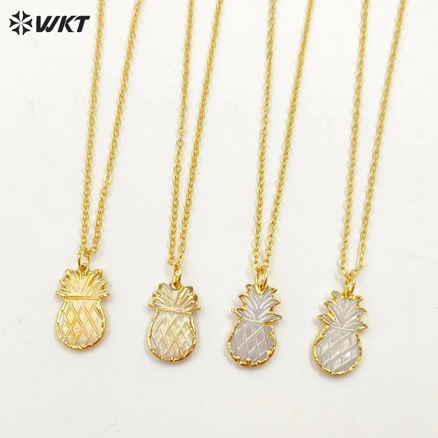 WT-N1082 WKT Wholesale Hot Natural White Yellow Shell Charm Carved 24k Real Gold Plated Tiny Shell Pineapple Necklace