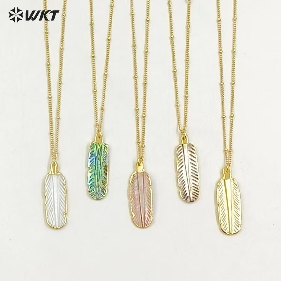 WT-N1081 WKT Wholesale Hot Natural Shell Carved Feather Charming 18k Real Gold Plated Cable Beaded Link Chain Shell Necklace