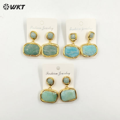 WT-E753 Amazing New Natural Square Fashion Handmade Gold Plated Amazonite Stone Earrings