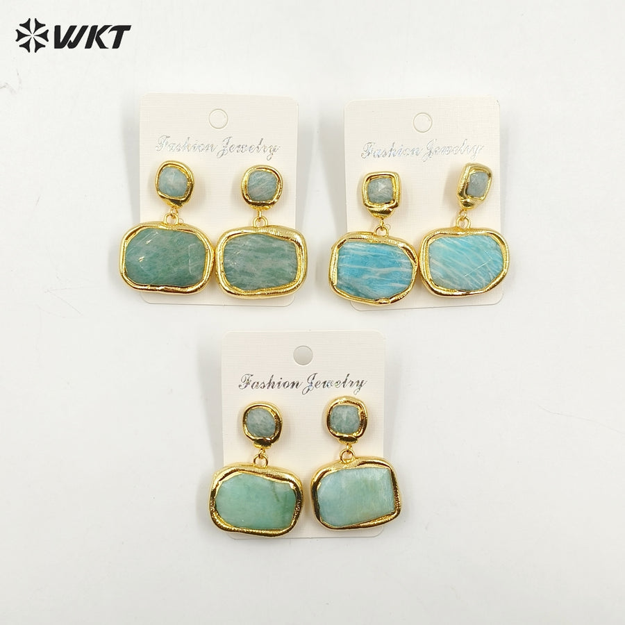 WT-E753 Amazing New Natural Square Fashion Handmade Gold Plated Amazonite Stone Earrings