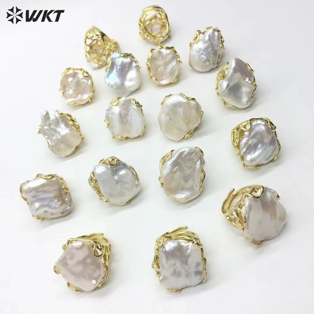 WT-MPR095 Amazing Big Randomly Shape Natural Freshwater Pearl Claw Setting Gorgeous Women Jewelry Rings