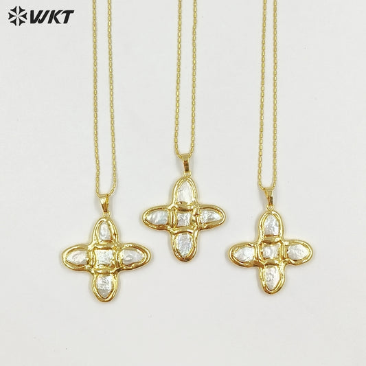 WT-JN340 Top Fashion Gold Plated Boutique Jewelry Five Natural Freshwater Pearls Cross Necklace As Women Anniversary Gift