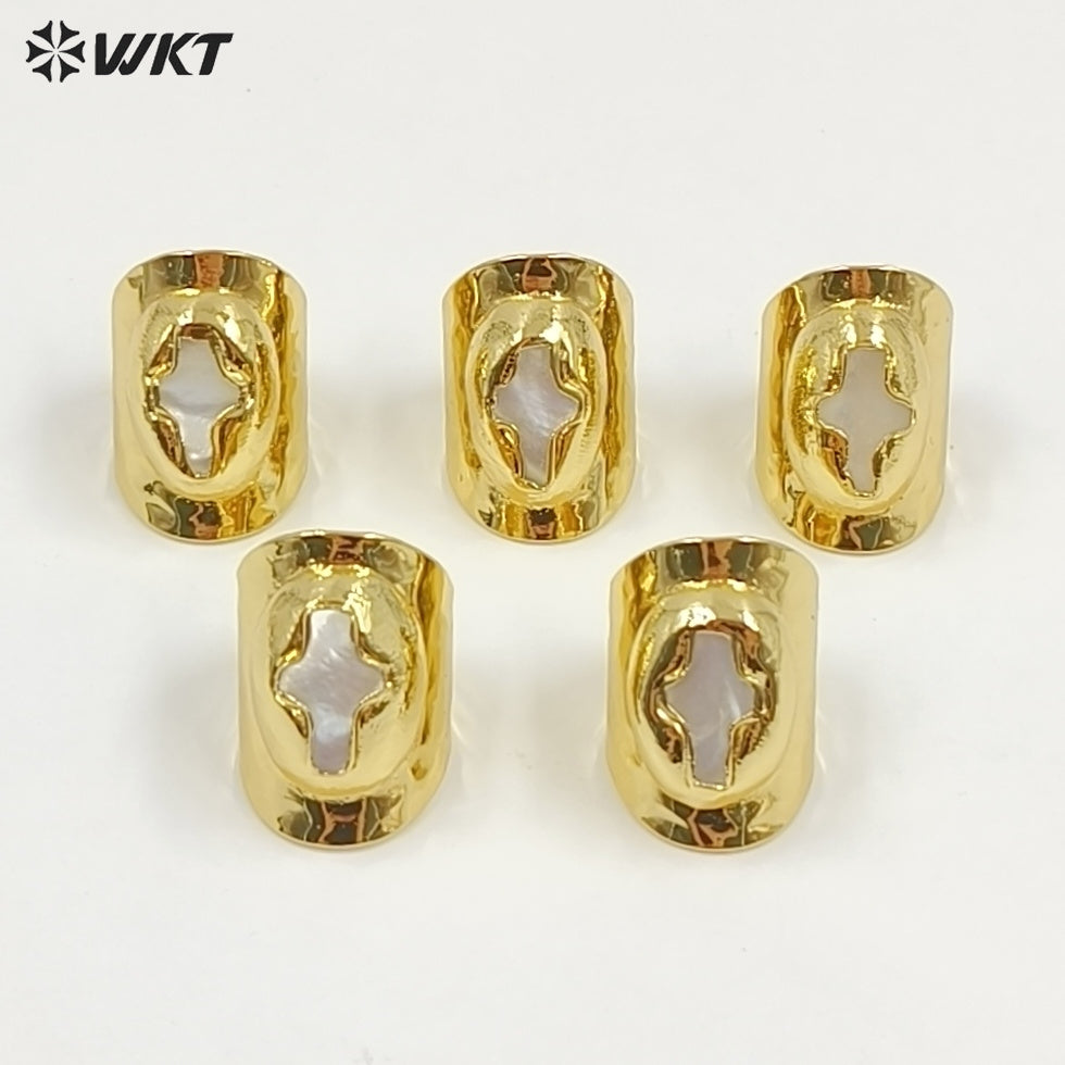 WT-MPR121 Popular Models Fashion 18K Gold Plated Mother Of Pearl Shell Cross Shape With Large Adjustable Ring For Men And Women