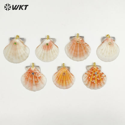 WT-JP503 Trendy Popular Zircon And Natural Scallop Shell Gold Pendants For Girls Lovely Handmade Earrings Design Accessory