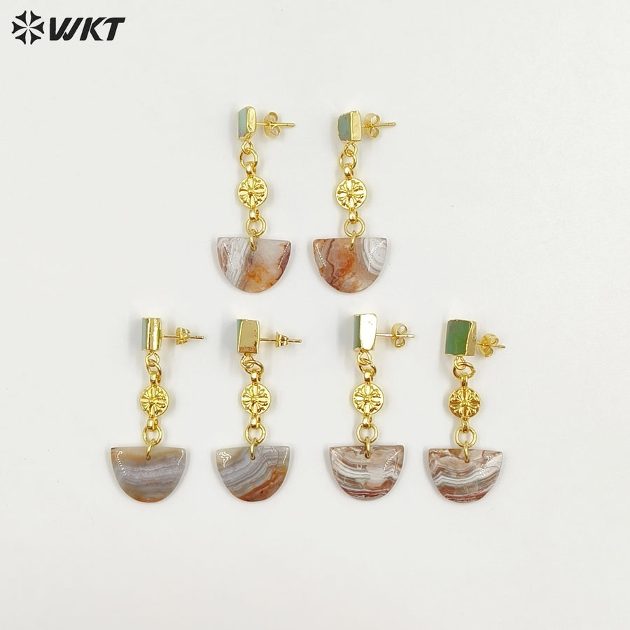 WT-E794 New Arrival Gold Plated Natural Mexico Agate And Chrysoprase Jade Semicircle Pendant Earrings For Girl Elegant Jewelry