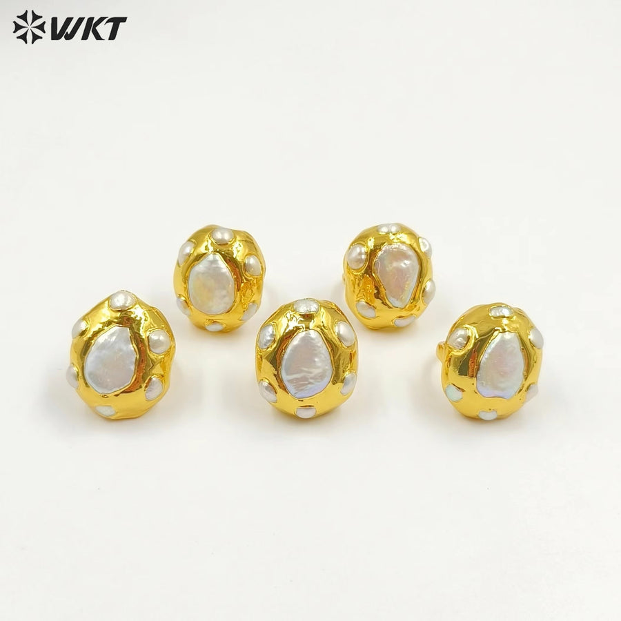 WT-MPR075 Women Natural Freshwater Pearl Teardrop Shape with 18K Real Gold Plated Fashion Wedding Anniversary Ring for Girl