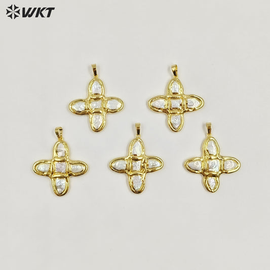 WT-JP444 Popular Design 18K Gold Plated Five Natural Freshwater Pearls Cross Pendant For Handmade Jewelry Accessories