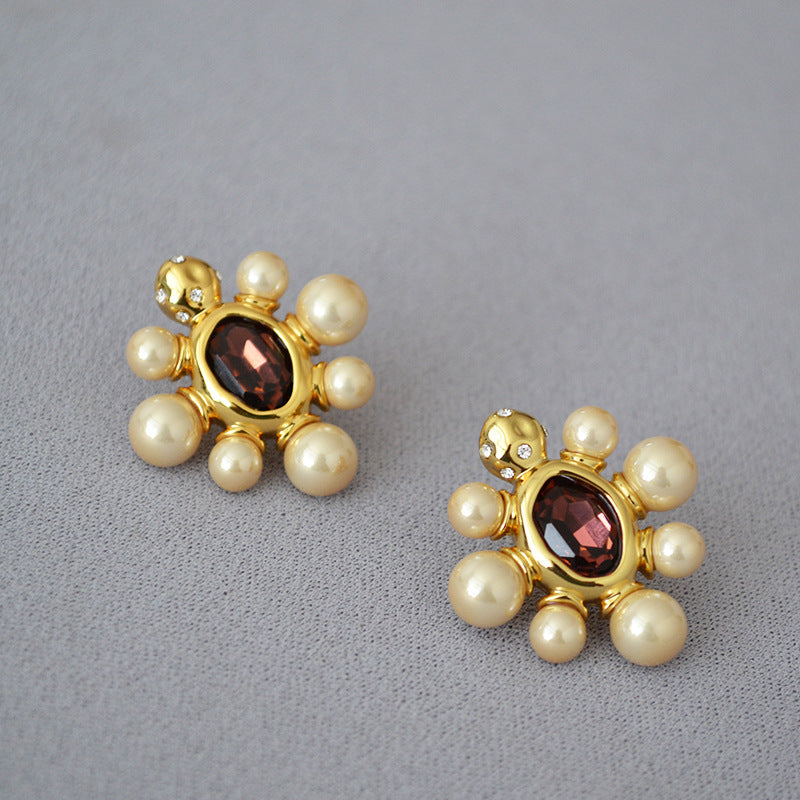 WT-MPE112 European and American Retro Exaggerated Baroque Turtle Shape Inlaid with Pearl Flowers 925 Silver Needle Earrings